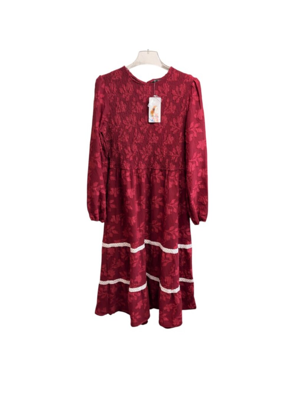 New Dress Modest A-Line Smocked Midi Floral Tiered Lace Sz L Wedding Guest - Picture 2 of 8